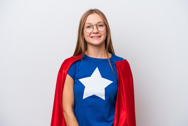 Super Hero Russian woman isolated on white background with glasses and happy