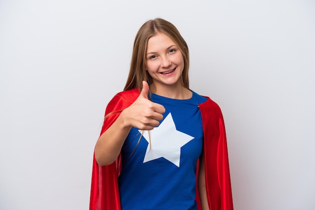 Super Hero Russian woman isolated on white background with thumbs up because something good has happened