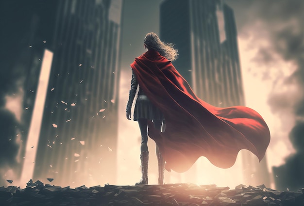 Super hero woman looking out over a city skyline generative ai