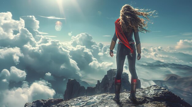 Super hero woman on top of a mountain