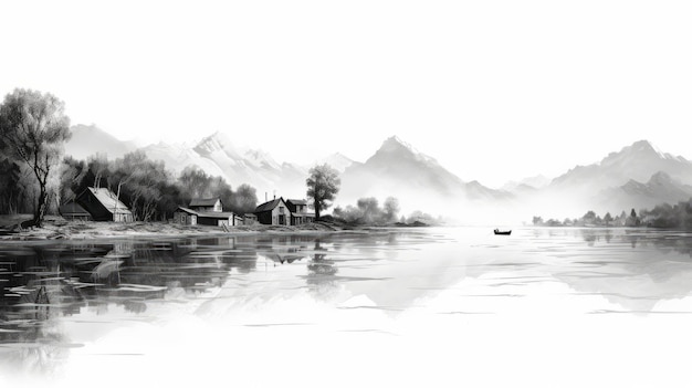 Super High Detail Lake Scene Black And White Vector Art Illustration