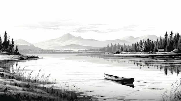 Super High Detail Lake Scene Black And White Vector Art Illustration