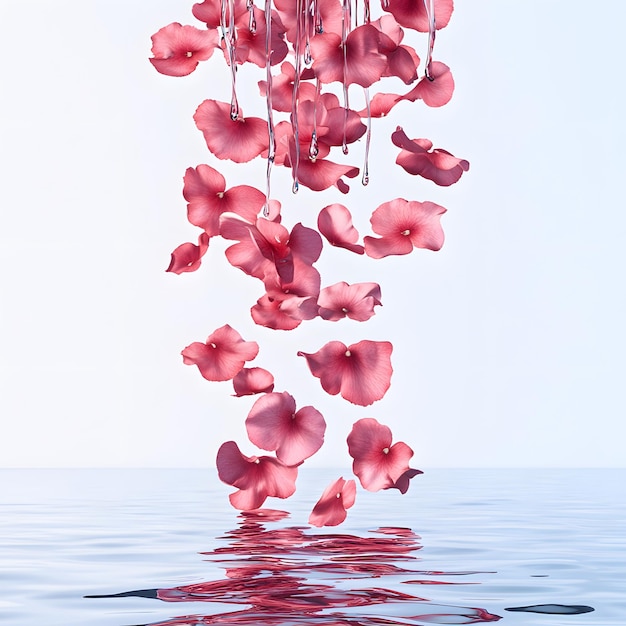 Photo super side view of falling pink rose petals into water filmed on high speed cinema camera 1000