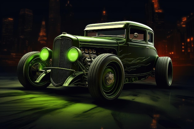 Photo super tuning car in the style of hot wheels in fire and flame helloween background