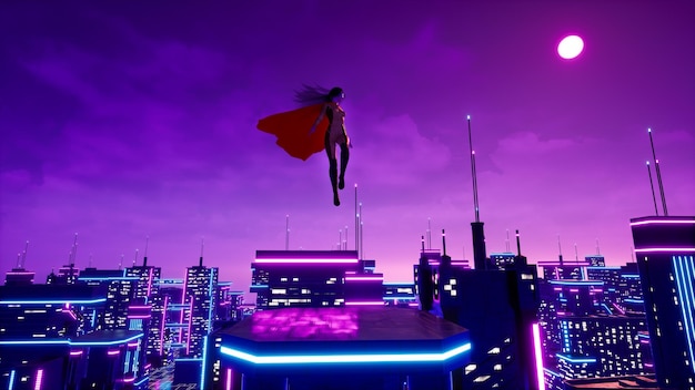 Super woman avatar travelling on metaverse city 3d render