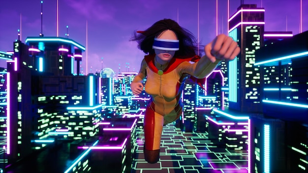 Super woman avatar travelling on metaverse city 3d render