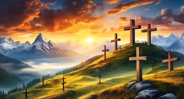 Superb Cross silhouette on the top of a mountaintop with a sunset background