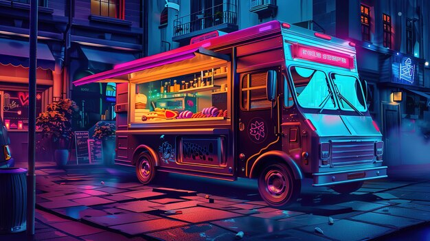 Superb Food Truck on wheels in night street