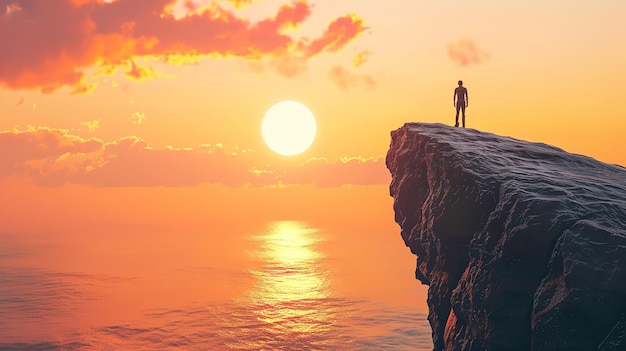 Superb Man standing on top of cliff at sunset