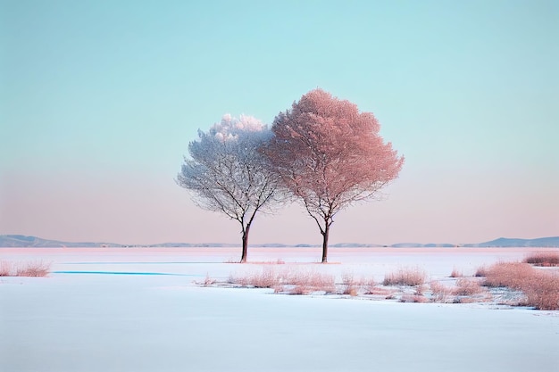 Superb minimalism tree on landscape winter in pastel color Created with Generative AI technology