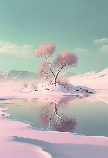 Superb minimalism tree on landscape winter in pastel color Created with Generative AI technology