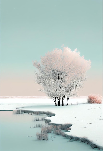 Superb minimalism tree on landscape winter in pastel color Created with Generative AI technology