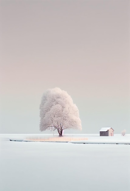 Superb minimalism tree on landscape winter in pastel color Created with Generative AI technology