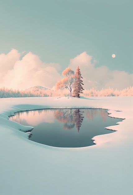 Superb minimalism tree on landscape winter in pastel color Created with Generative AI technology