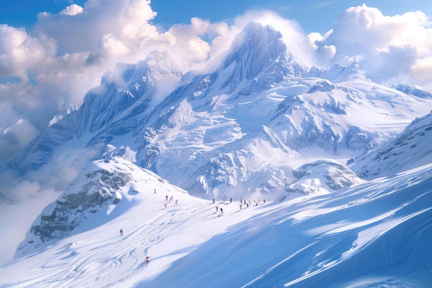 Superb Photorealistic Winter Scene with People Snowboarding in a Snowy Landscape