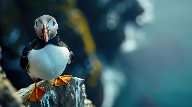 Superb Puffin bird on a green grass patch