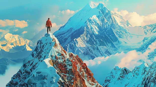 Superb Rear view of woman arms outstretched standing on rock against sky