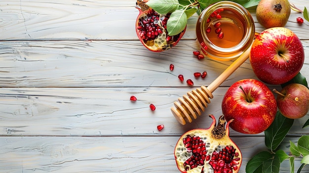 Superb Red apple pomegranate and honey jar for Jewish New Year isolated on blue background