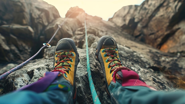 Superb rock climbers shoes at the base of a climbing route line