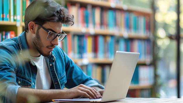 Superb Student online cute guy in checked shirt with glasses studying on computer thinking