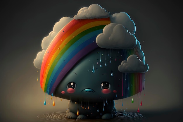 Superbly sad and grumpy faced rain cloud dumping a stream of rainbow rain AIGenerated