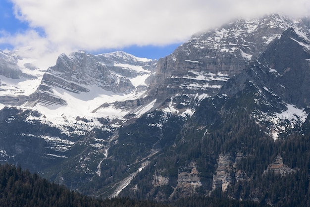 Superbly visible mountainous rock layers of alpine peaks covered with dark green forest and snow.