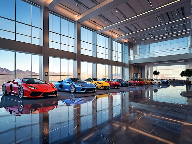 Photo a supercar in a car showroom among multiple different cars 4k picture