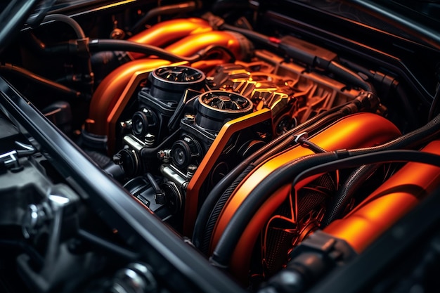 Supercar engine on dark background