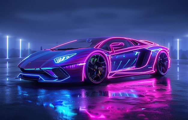 supercar on a night road with neon glowing effect