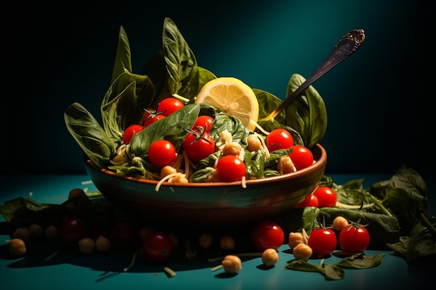 Superclose of spoon with chickpeas with leaves olives and tomatoes in a blue bowl on the table