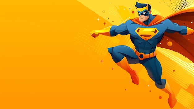 A superhero in blue and yellow costume flies across a bright yellow background