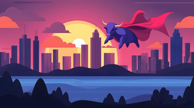 Photo superhero bull imagine a superhero bull soaring through the financial skyline this playful