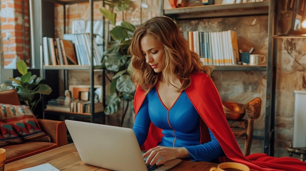 Superhero Businesswoman Working at Laptop in Modern Office