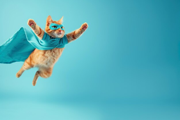 Photo superhero cat cute orange tabby kitty with a blue cloak and mask jumping and flying