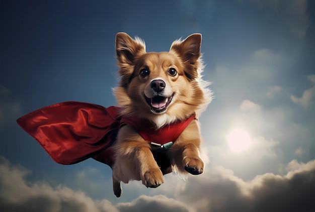 Superhero dog flying in the sky with a red cape Generative AI