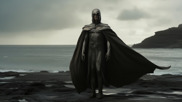 A superhero figure stands on a rocky shoreline gazing out at the stormy sea