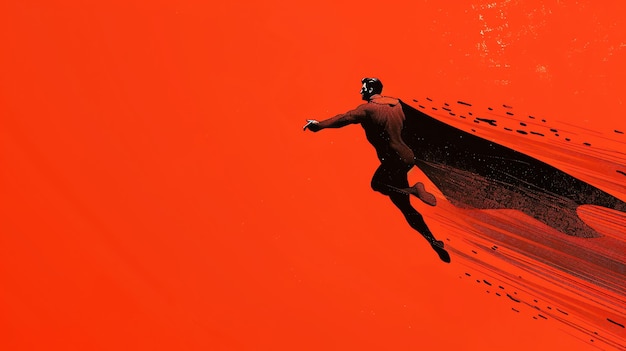 Photo a superhero flies through the air in front of a red background cape billowing behind him