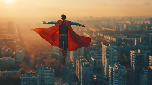 Photo a superhero in flight soaring over a city at sunset a symbol of hope and courage