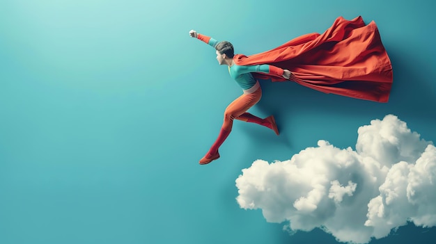 Photo superhero flying in the sky wearing red cape and blue suit