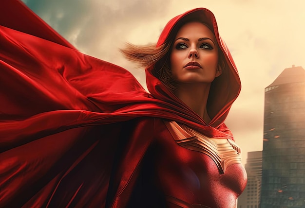 a superhero girl with a red cape in the style of photorealistic cityscapes