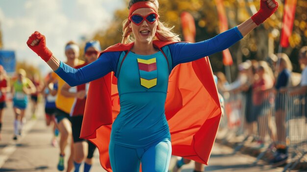 Superhero Marathon Runner Celebrating Victorious Finish Line Achievement