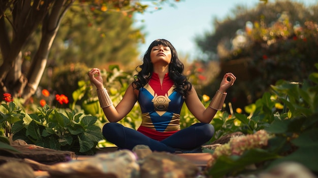 Superhero Meditating in Nature Mindfulness and Inner Peace Concept