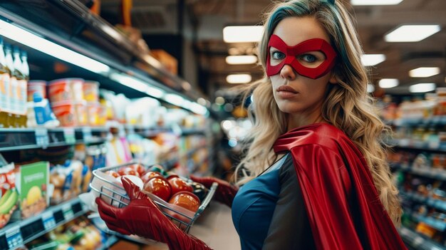 Superhero Shopping Empowered Woman in Grocery Store Aisle