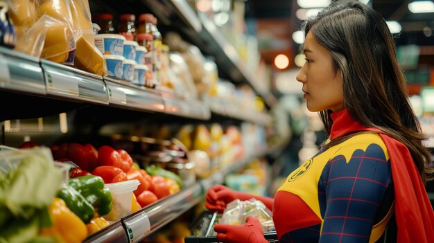 Superhero Shopping Woman in Costume Grocery Shopping for Fresh Produce