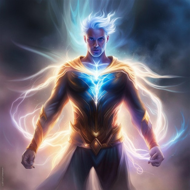 Superhero in sky with electric energy power