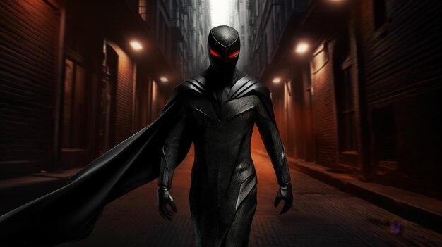 Superhero walking in a dark alley