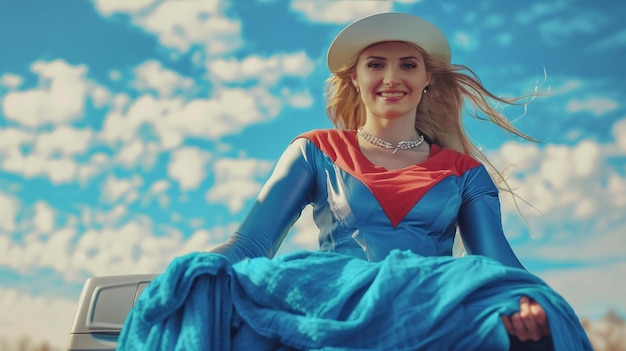 Superhero Woman in Costume Enjoying Outdoor Adventure Against Sky