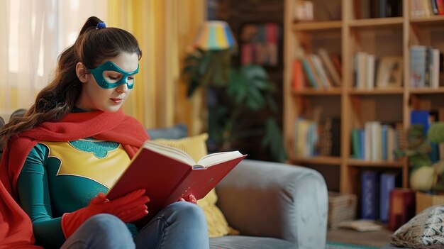 Superhero Woman Reading a Book in Cozy Home Setting Education Empowerment Relaxation