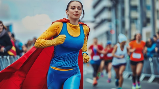 Superhero Woman Running Marathon in Urban Setting Fitness Competition Determination