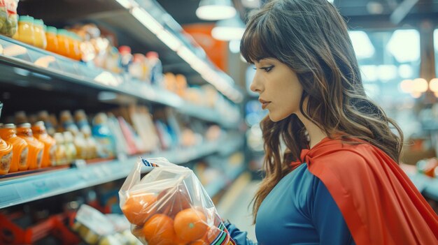 Superhero Woman Shopping in Supermarket Modern Empowerment Concept